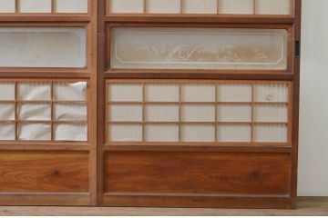 アンティーク建具　腰板欅(ケヤキ)材　どこか懐かしい雰囲気の裏障子付き格子戸2枚セット(引き戸、障子戸、ガラス帯戸)(R-068740)