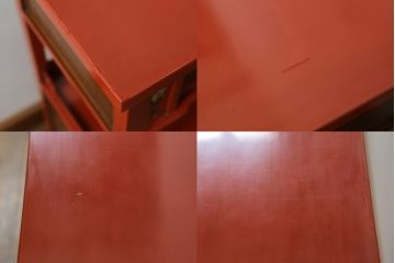 和製アンティーク　ラデン細工と錆漆高蒔絵が存在感を放つ朱塗りの茶棚(違い棚、飾り棚、収納棚、戸棚)(R-068742)