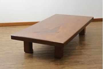 和製ビンテージ　高級品!!　総欅(ケヤキ)材　鳥の木画象嵌入り　1枚板の重厚感ある佇まいが魅力の座卓(ローテーブル、センターテーブル、一枚板、ヴィンテージ)(R-068754)