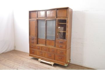 和製アンティーク　高級品　楓材　黒柿材　収納力抜群の大型茶箪笥(水屋箪笥、茶棚、収納棚、キャビネット)(R-068787)