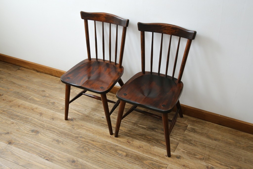 和製ビンテージ　松本民芸家具　#55型　レトロで温かみ漂うスピンドルチェア2脚セット　(R-068797)