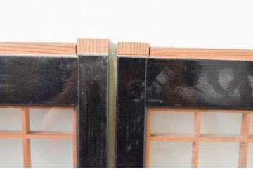 ビンテージ建具　両面ガラス　松・鶴の彫刻の入った書院戸2枚セット(引き戸、ガラス戸、窓、ヴィンテージ)(R-068844)