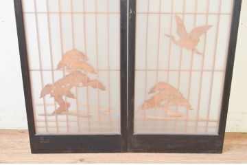 ビンテージ建具　両面ガラス　松・鶴の彫刻の入った書院戸2枚セット(引き戸、ガラス戸、窓、ヴィンテージ)(R-068844)