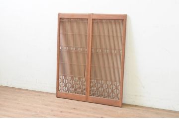 ビンテージ建具　片面ガラス　和モダンな空間を演出する組子入り書院戸2枚セット(引き戸、ガラス、ヴィンテージ)(R-068845)
