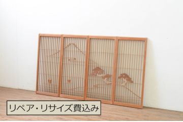アンティーク建具　片面ガラス　山・松の彫刻入り書院戸4枚セット(窓、引き戸、ガラス戸)(R-068847)