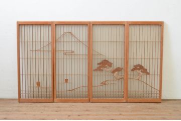 アンティーク建具　片面ガラス　山・松の彫刻入り書院戸4枚セット(窓、引き戸、ガラス戸)(R-068847)