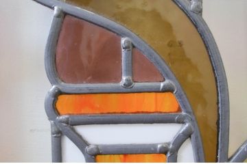 イギリスアンティーク　オーク材　色鮮やかなデザインが目を惹く、重厚感あるステンドグラスの両開きドア1対2枚セット(扉、建具、英国)(R-068877)