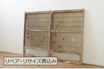 アンティーク建具　上品なデザインのもみじの彫刻入り格子窓2枚セット(ガラス戸、格子戸、引き戸)(R-068889)