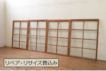 アンティーク建具　古い木味が魅力的なガラス窓4枚セット(引き戸、ガラス戸)(R-068893)