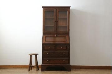 和製ビンテージ　希少　松本民芸家具　#100型　モールガラスがレトロなビューロー(ライティングビューロー、本箱、キャビネット、収納棚、戸棚、ワークデスク、在宅ワーク、在宅用、引き出し、ヴィンテージ)(R-068904)