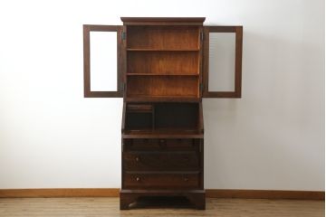 和製ビンテージ　希少　松本民芸家具　#100型　モールガラスがレトロなビューロー(ライティングビューロー、本箱、キャビネット、収納棚、戸棚、ワークデスク、在宅ワーク、在宅用、引き出し、ヴィンテージ)(R-068904)