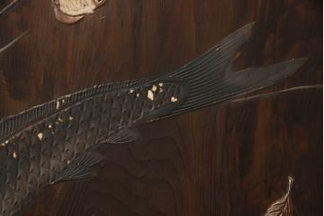 和製アンティーク　高級杉材　大迫力の鯉の漆絵入り衝立て(つい立て、衝い立て、パーテーション、仕切り)(R-068920)