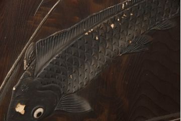 和製アンティーク　高級杉材　大迫力の鯉の漆絵入り衝立て(つい立て、衝い立て、パーテーション、仕切り)(R-068920)