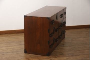 中古　美品　前面欅(ケヤキ)材　品のある佇まいが美しいローチェスト(ローボード、引き出し、衣装箪笥、和箪笥、整理タンス、収納たんす)(R-068924)