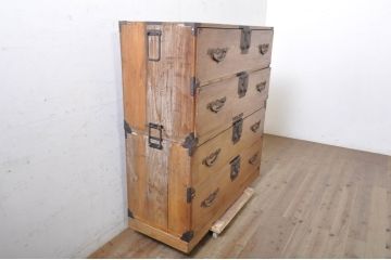 和製アンティーク　前面欅(ケヤキ)材　経年を感じさせる木味が魅力の二本松箪笥(重ね箪笥、時代箪笥、和タンス、衣装たんす、整理タンス、収納タンス、引き出し)(R-068994)