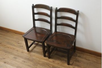 中古　北海道民芸家具　HM620　滑らかな木肌が上品なダイニングチェア2脚セット(椅子、イス、ダイニングチェア、板座チェア、ラダーバックチェア)(R-069003)