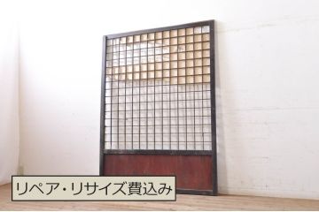 アンティーク建具　和モダンなお部屋作りにおすすめな大きな幅広障子戸1枚(きつね格子、狐格子、引き戸、格子戸、升目、マス目)(R-069032)