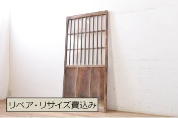 アンティーク建具　しっかりしたフレームの格子入りガラス戸1枚(引き戸、格子戸)(R-069033)
