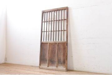 アンティーク建具　しっかりしたフレームの格子入りガラス戸1枚(引き戸、格子戸)(R-069033)