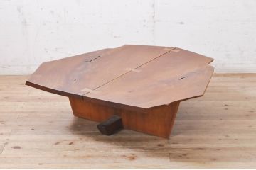 和製ビンテージ　激レア!直筆サイン入り　第3回「ジョージ・ナカシマ」展　小田急ハルク購入　MINGURENII COFFEE TABLE　美しい杢目が魅力的!素材のかたちを贅沢に活かしたコーヒーテーブル(ジョージナカシマ、ミングレンII、ローテーブル、リビングテーブル、センターテーブル、ヴィンテージ、契り)(R-069036)