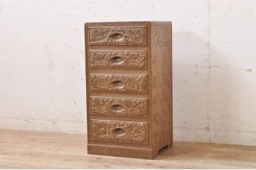 中古　美品　伝統工芸　安田昇泉作　日光彫り　細部まで施された彫りが美しい小引き出し(卓上収納、小物収納)(R-069062)