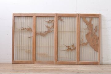 ビンテージ建具　両面ガラス　梅の彫刻入り書院戸(窓)4枚セット(ヴィンテージ、引き戸、ガラス戸)(R-069074)