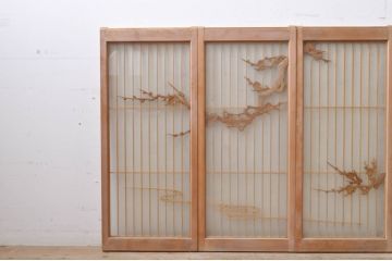 ビンテージ建具　両面ガラス　梅の彫刻入り書院戸(窓)4枚セット(ヴィンテージ、引き戸、ガラス戸)(R-069074)