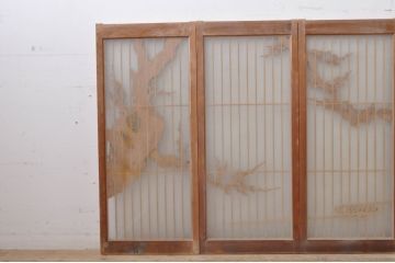 ビンテージ建具　両面ガラス　梅の彫刻入り書院戸(窓)4枚セット(ヴィンテージ、引き戸、ガラス戸)(R-069074)