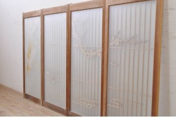 ビンテージ建具　両面ガラス　梅の彫刻入り書院戸(窓)4枚セット(ヴィンテージ、引き戸、ガラス戸)(R-069074)