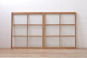 アンティーク建具　古い木味が魅力的な結霜ガラス窓2枚セット(引き戸、ガラス戸)(R-069075)