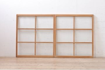 アンティーク建具　古い木味が魅力的な結霜ガラス窓2枚セット(引き戸、ガラス戸)(R-069075)