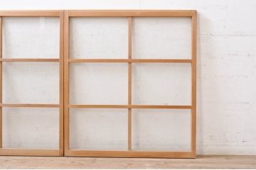 アンティーク建具　古い木味が魅力的な結霜ガラス窓2枚セット(引き戸、ガラス戸)(R-069075)