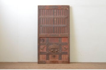 アンティーク建具　総欅(ケヤキ)材　富山産　金具の装飾が立派な格子蔵戸1枚(引き戸、格子戸)(R-069106)