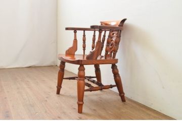 中古　美品!!　松本民芸家具　欅(ケヤキ)材　艶やかな漆塗りと存在感のあるホイールデザインが格好良い大キャプテンチェア(椅子、イス、アームチェア、ウィンザーチェア、ウインザーチェア、板座チェア)(定価約60万円)(R-069114)