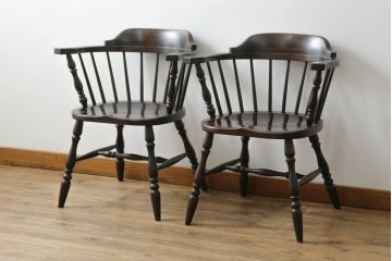 和製ビンテージ　松本民芸家具　#91型　落ち着きのある大人カフェ風インテリアが叶うアームチェア2脚セット(キャプテンチェア、板座チェア、椅子、ダイニングチェア、イス、ヴィンテージ)(定価2脚で約26万円)(R-069131)