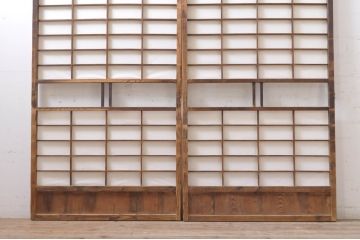 アンティーク建具　昔懐かしい佇まいが魅力のガラス入りの障子戸2枚セット(引き戸、ガラス帯戸)(R-069148)