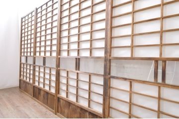 アンティーク建具　昔懐かしい佇まいが魅力のガラス入りの障子戸4枚セット(引き戸、ガラス帯戸)(R-069150)