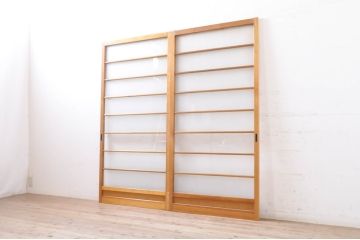 アンティーク建具　レトロな空間作りにおすすめな横桟ガラス戸2枚セット(引き戸)(R-069159)