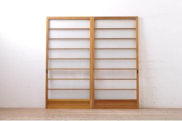アンティーク建具　レトロな空間作りにおすすめな横桟ガラス戸2枚セット(引き戸)(R-069159)