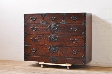中古　岩谷堂箪笥　力強い杢目と重厚感ある金具が魅力の和箪笥(整理箪笥、衣装タンス、収納たんす、引き出し、サイドボード、サイドチェスト)(R-069241)