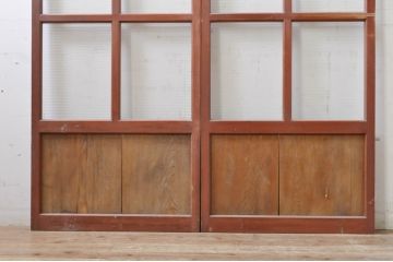 アンティーク建具　上手物!!レトロな空間作りにおすすめな腰板タモ材の幅狭モールガラス戸2枚セット(引き戸、板戸、ガラス帯戸)(R-069255)