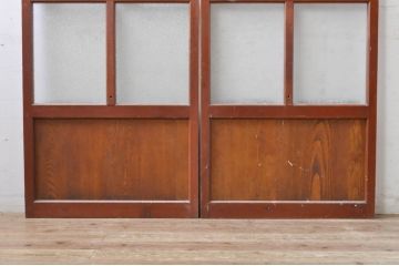 アンティーク建具　上手物!!レトロな空間作りにおすすめな腰板タモ材の幅狭ダイヤガラス戸2枚セット(引き戸、板戸、ガラス帯戸)(R-069257)