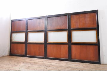 アンティーク建具　レーザー組子入れます!　和モダンな空間を演出するガラス帯戸4枚セット(引き戸、ガラス戸、板戸)(R-069260)