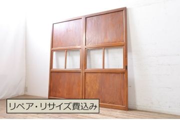 アンティーク建具　レトロな空間を演出するガラス帯戸2枚セット(引き戸、ガラス戸)(R-069262)