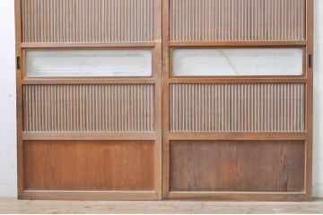 アンティーク建具　和の風情を感じられる裏障子付き格子戸2枚セット(引き戸、障子戸、ガラス帯戸)(R-069264)