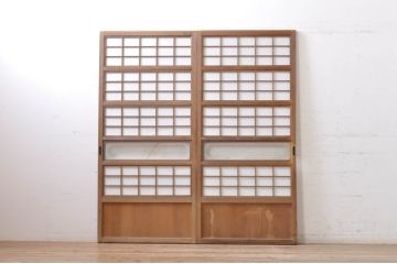 アンティーク建具　和の風情を感じられる裏障子付き格子戸2枚セット(引き戸、障子戸、ガラス帯戸)(R-069264)