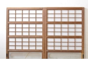 アンティーク建具　和の風情を感じられる裏障子付き格子戸2枚セット(引き戸、障子戸、ガラス帯戸)(R-069264)