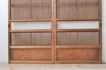 アンティーク建具　大正ロマン　和の風情を感じられる裏ガラス入り格子戸2枚セット(引き戸、ガラス戸、ガラス帯戸)(R-069273)