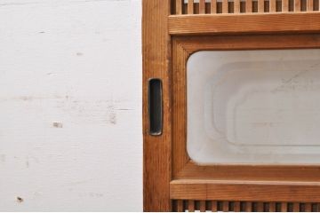 アンティーク建具　大正ロマン　和の風情を感じられる裏ガラス入り格子戸2枚セット(引き戸、ガラス戸、ガラス帯戸)(R-069273)