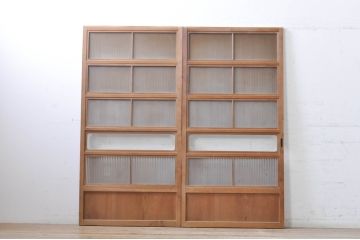 アンティーク建具　大正ロマン　和の風情を感じられる裏ガラス入り格子戸2枚セット(引き戸、ガラス戸、ガラス帯戸)(R-069273)